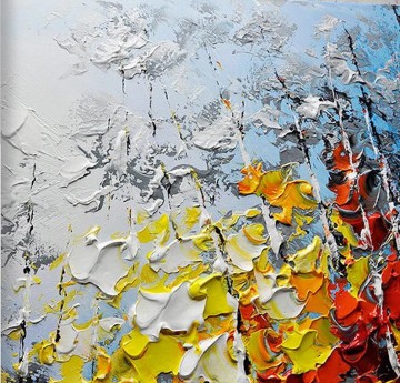 パレット ナイフ テクスチャによる青い空のカラフルな森の詳細 Oil Paintings